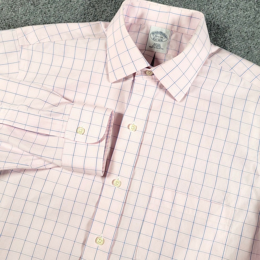 Brooks Brothers Dress Shirt Mens 15.5 33 Pink Slim Fit Non-Iron Tattersall Check